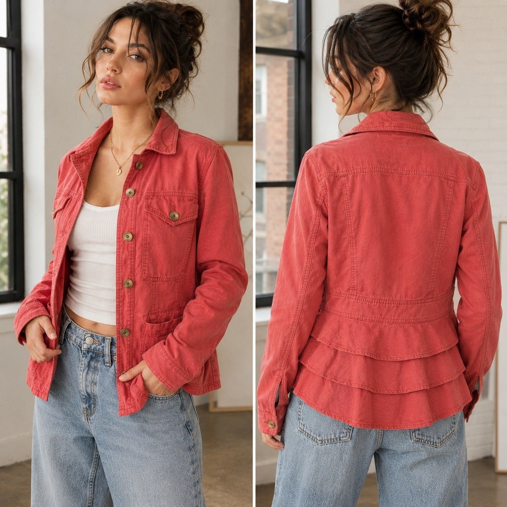 CAbi Coral Utility‎ Jacket Ruffle Back Cotton Blend Casual Size M